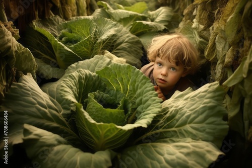 Kids growing from cabbage with cabbage caps in the beds