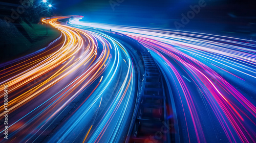 trails on the street, abstract blue wave, trails in the tunnel, trails on the highway, abstract background with lines, High speed light trails in motion, glow lines, internet data transfer concept, Ai