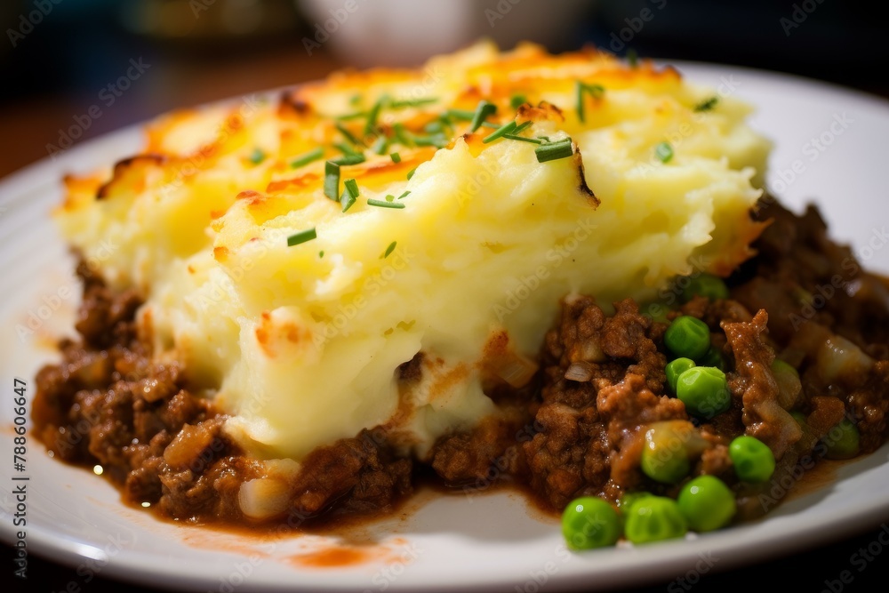 Appetizing Stepherds pie closeup. Baked meal lamb cuisine plate. Generate Ai Appetizing Stepherds pie closeup. Baked meal lamb cuisine plate. Generate Ai