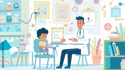 Flat illustration of doctor taking care patients in hospital room, AI generated