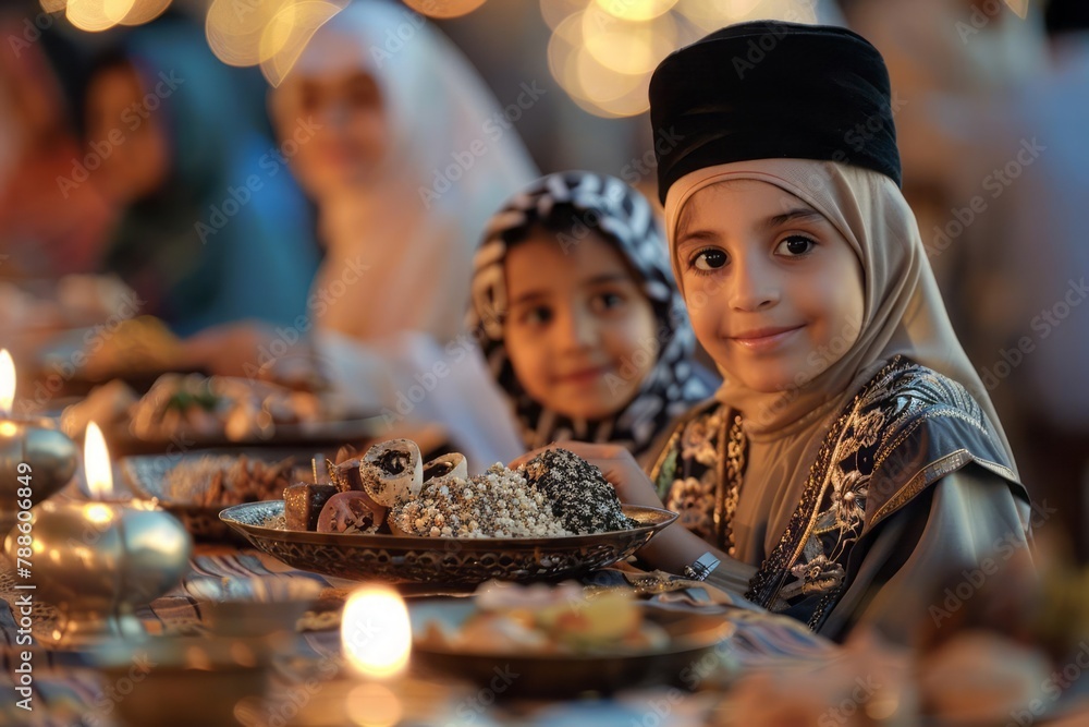 Eid al-Fitr, Muslim families, festive attire, communal prayers, feasting