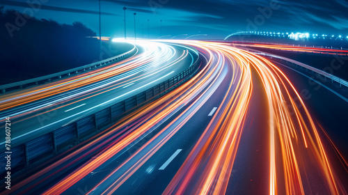 trails on the street, abstract blue wave, trails in the tunnel, trails on the highway, abstract background with lines, High speed light trails in motion, glow lines, internet data transfer concept, Ai