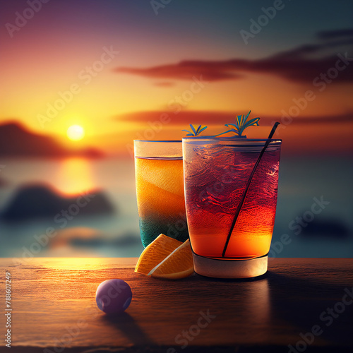 Exquisite alcoholic cocktails against the backdrop of the sea and sunset. AI generated.