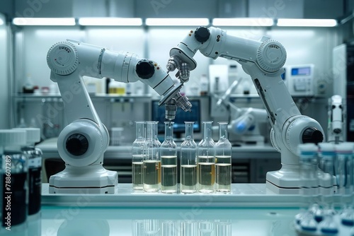 Pharmaceutical lab, drug discovery, robotic arms conducting tests, medical breakthrough