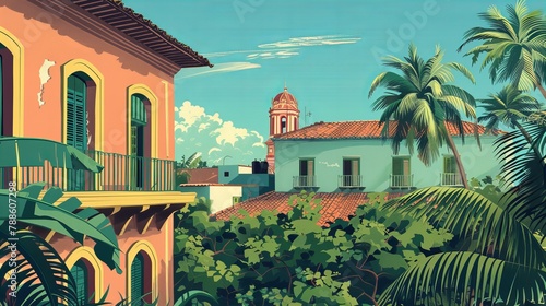 cuban town architecture illustration with plants 