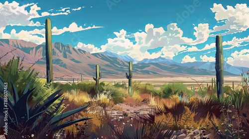 Argentinian landscape with cacti and cloudy sky