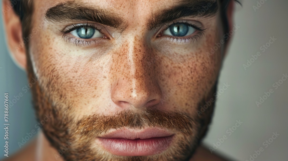 sensual, freckled male model closeup with copy space, concept of skin care and cosmetics for men sensual, freckled male model closeup with copy space, concept of skin care and cosmetics for men