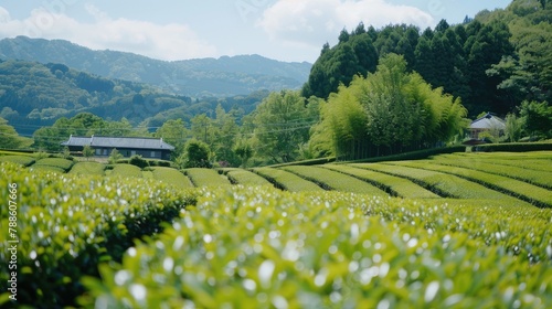 scenic tea plantation of Obuchi Sasaba in Fuji City, Shizuoka, with the iconic Mount Fuji in view photo