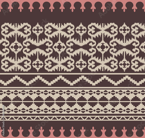Seamless vertical ikat ethnic geometric pattern in traditional style, Horizontally seamless brown lace background with lace ribbons