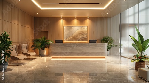 Design a photorealistic digital rendering of a call center reception area, emphasizing sleek design, high-tech equipment, and a welcoming ambiance for customers