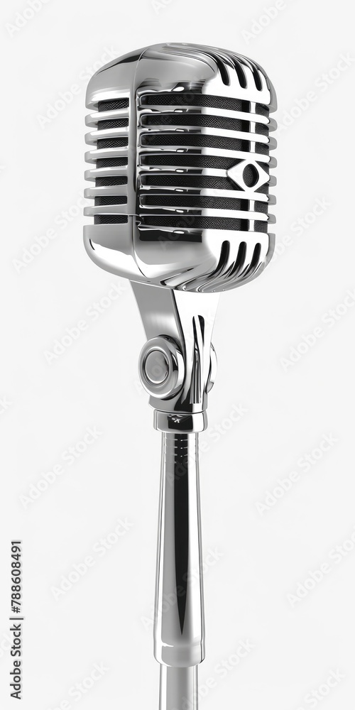 Fototapeta premium Chrome Vintage Silver Microphone with Dynamic Audio. Cut Out Isolated on White Background for Band, Broadcasting, and Concert Audience