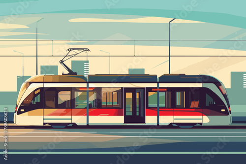 Colorful modern tram in urban environment