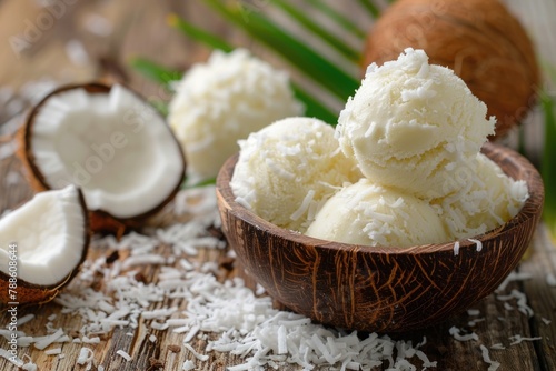 Coconut Ice Cream Delight: A Delicious and Creamy Dessert Treat with a Sweet and Cold Flavor, Topped with Desiccated Coconut Balls on Wood Table