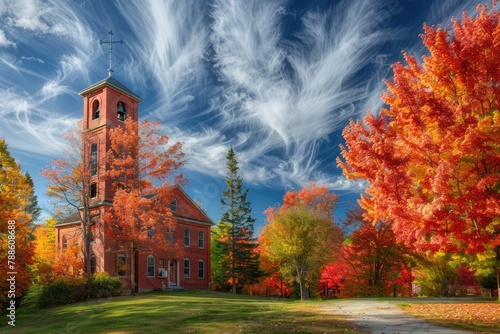 Colorful Autumn View: Landmark Bell Tower and Textile Mill Buildings of 19th Century New Hampshire Architecture photo