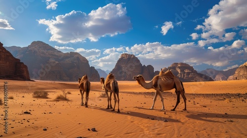 Discovering the Majesty of Rum Desert: A Tourist Riding a Camel in the Middle of the Majestic Sandstone Mountains with a Clear Blue Sky in the Background © Serhii