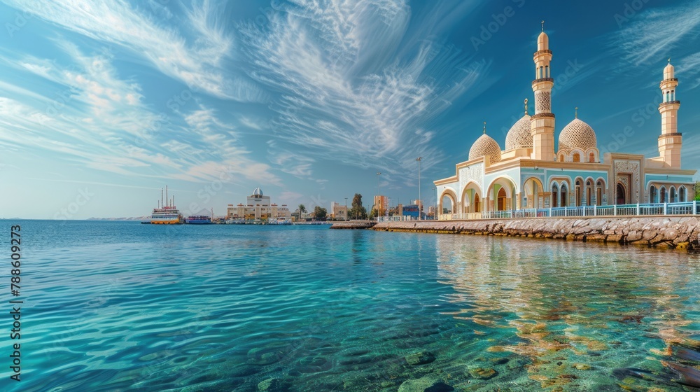 Naklejka premium Explore: Seascape with Stunning Mosque Architecture along the Quay