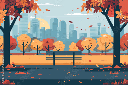 Autumn park scene with cityscape and falling leaves