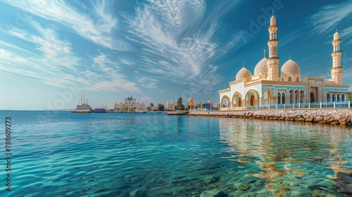 Explore: Seascape with Stunning Mosque Architecture along the Quay photo