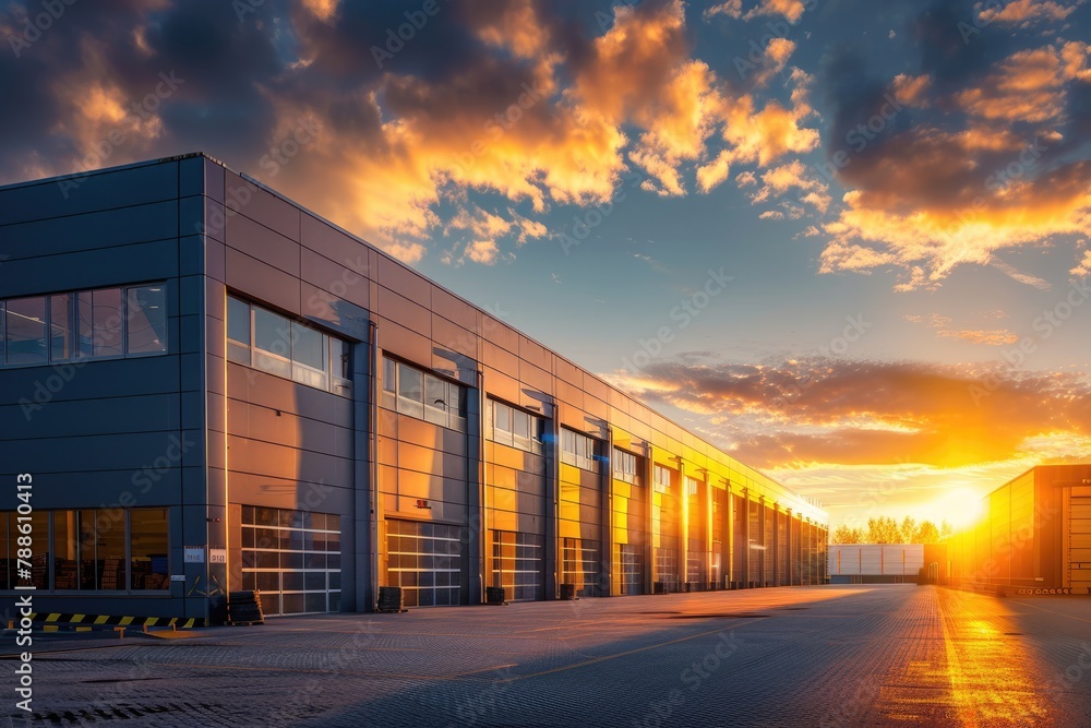 Modern Small Warehouse in the Picturesque Sunset of the Evening, Exterior View of Commercial Building Estate