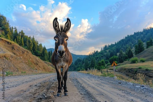 Ravenous and Happy Funny Donkey on a Summer Road in Romania's Mountainous Nature