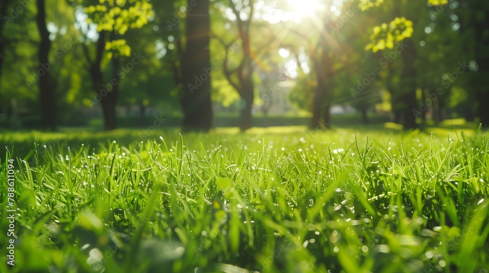 Fresh grass is bathed in sunlight filtering through the trees, creating a serene atmosphere.