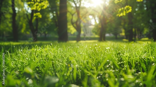 Fresh grass is bathed in sunlight filtering through the trees, creating a serene atmosphere.
