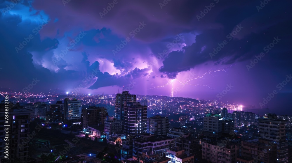 Storm Over City: Lightning Thunderbolt Strikes Against Beautiful Purple and Blue Black Ground Background