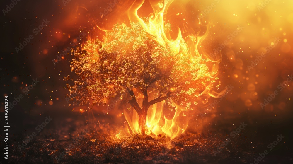 The Burning Bush: Testament to God's Power. Use Copy Space on Fiery Background to Highlight Balefire and Nature's Burn