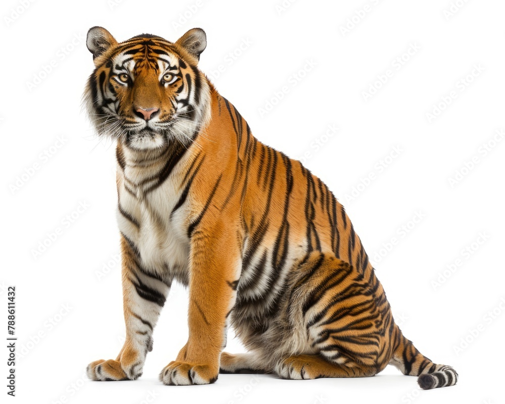 Tiger Sitting Proudly: A Magnificent Big Cat in Isolation against White Background