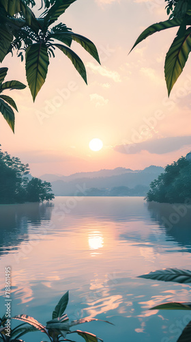 Vibrant Sunrise Over Tranquil Lake with Lush Green Foliage in Foreground and Faded Mountain Line in Distance