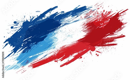 A splatter of red, blue and white paint on a white background like the French flag photo