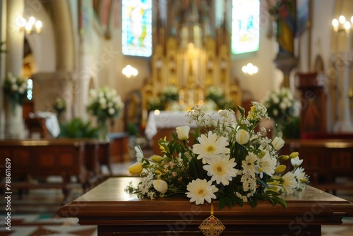 Traditional Catholic Funeral Ceremony in Gilles with Christian Church and Floral Arrangements