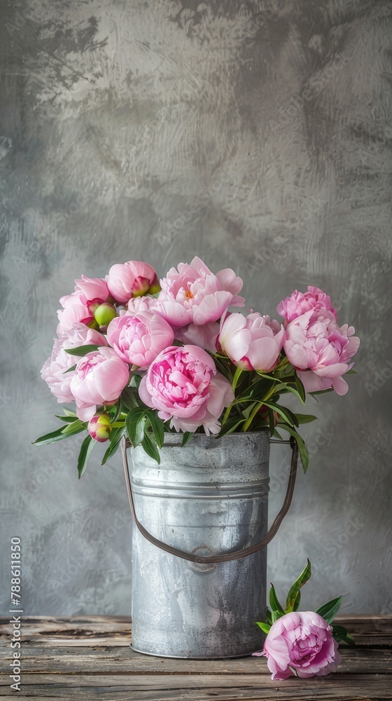 a bouquet of pink peonies arranged in an iron bucket, positioned on a table against a serene gray background, leaving ample space for text or additional elements. a bouquet of pink peonies arranged in an iron bucket, positioned on a table against a serene gray background, leaving ample space for text or additional elements.