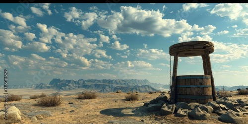 Wishing Well on a Barren Landscape with a Wooden Bucket. Dream, Hope and Wishes with Roof Covered Waterhole photo