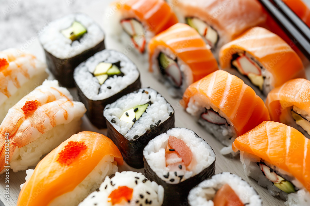 traditional japanese sushi on a white plate, platter, top view traditional japanese sushi on a white plate, platter, top view