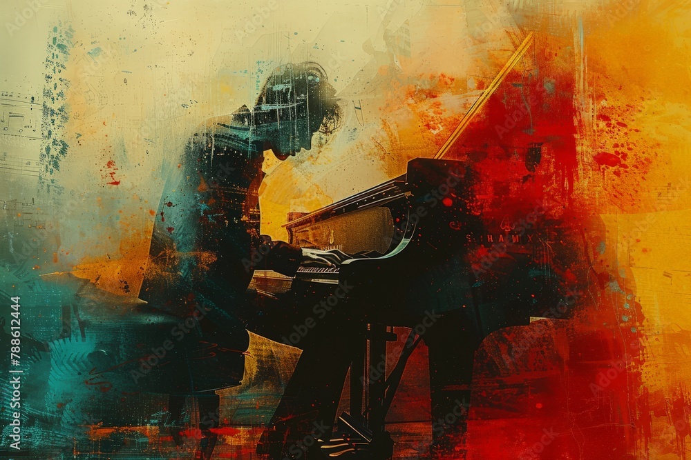 Silhouetted pianist immersed in music amidst a vibrant, abstract splash of colors on a textured background. Created with Generative AI.