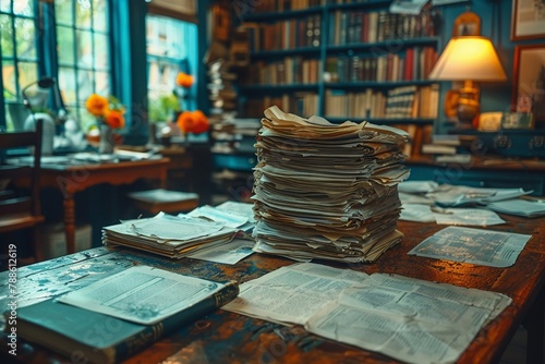 Paper documents scattered on a desk photo