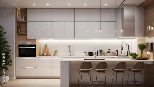 A photorealistic image showcasing futuristic under cabinet kitchen lighting in a modern kitchen setting.