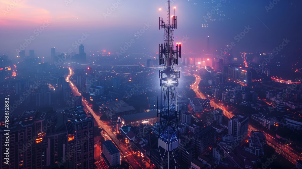 5G network glowing sign over cityscape at night. Digital art representation of next generation connectivity. Technology and communication concept for banner, poster. Aerial city view with copy space.