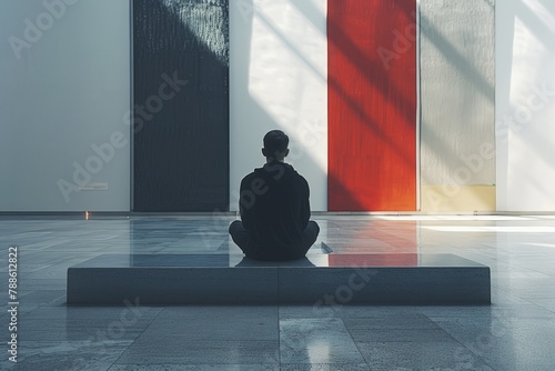 Person in silhouette meditating in a serene gallery with colorful natural light filtering through windows. Created with Generative AI.