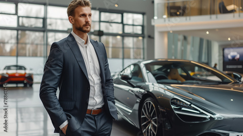 Stylish man in a suit standing at a car dealership. Luxury lifestyle and successful businessman concept. Design for corporate profile, advertisement. © Helen