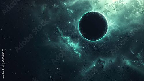 Black hole with event horizon in starry space. Cosmic and astronomy concept for science fiction backgrounds, space exploration posters, and educational material design.