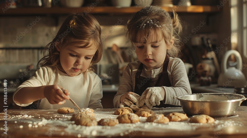 Children baking cookies together in a kitchen