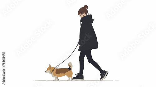  Illustration of a person in a hoodie walking a Corgi. Casual streetwear fashion and pet care concept. Design for lifestyle blog, youth culture poster.
