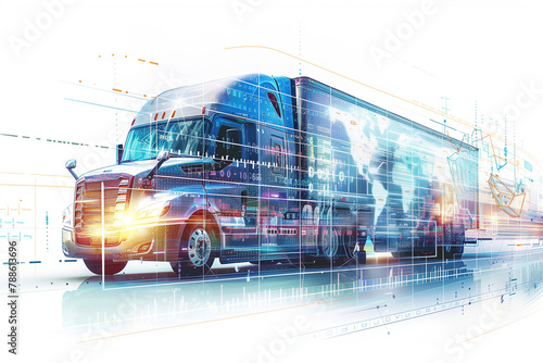 Semi-truck in motion against a backdrop of digital elements evoking a concept of modern transportation and logistics of growing businesses © Clynshot