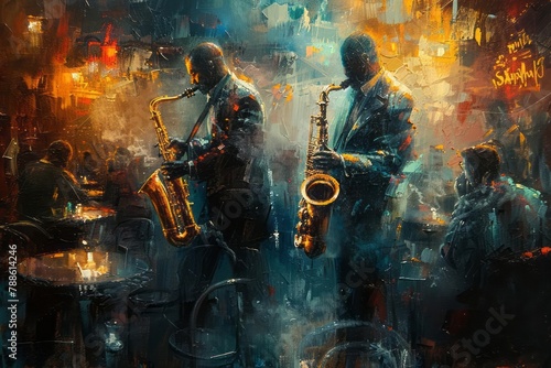 Jazz musicians, smoky club, saxophone gleam, energetic performance, impressionistic style