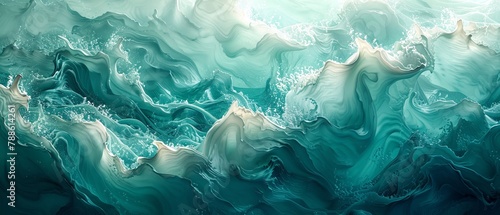 Craft a traditional art piece showcasing vibrant turquoise waves with a unique abstract twist, evoking a sense of serenity and adventure typical of tropical paradises Ideal for a travel brochure cover photo