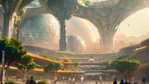 The photo captures a bustling futuristic cityscape with towering buildings and advanced technology, Human colony inside a massive biodome on a distant planet photo