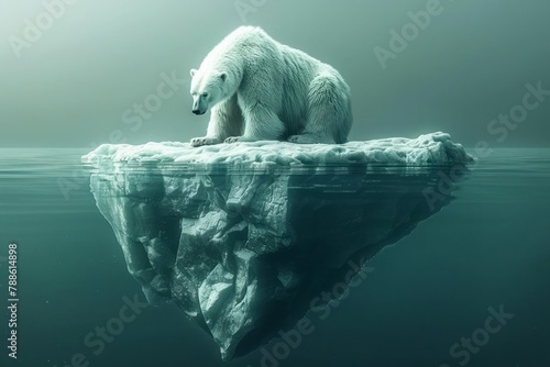 Melting polar ice caps, polar bear on shrinking iceberg, climate crisis visualization photo
