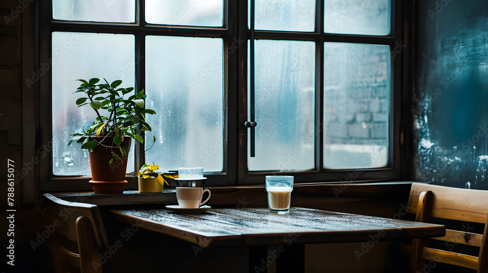 Minimalist cafe interior with tables and chairs near the window. Concept of dining, breakfast, brunch, or lunch in modern restaurant. Cafe background Minimalist cafe interior with tables and chairs near the window. Concept of dining, breakfast, brunch, or lunch in modern restaurant. Cafe background